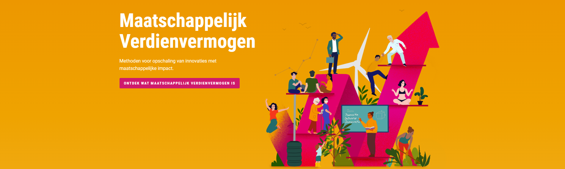 Gele afbeelding met geanimeerde personen die verschillende activiteiten ondernemen.